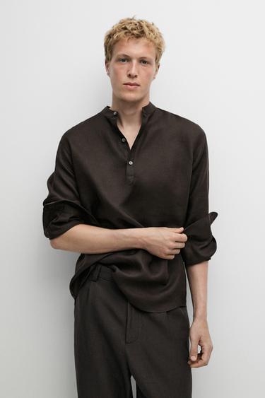 Zara Regular fit stand collar 100% linen shirt - Chocolate