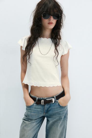 Zara RUFFLED LACE SLEEVE TOP - White