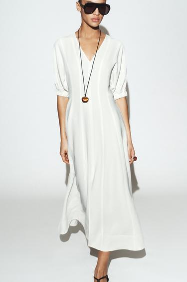 ROBE MI-LONGUE À MANCHES BOUFFANTES - Blanc cassé de Zara - Image 3