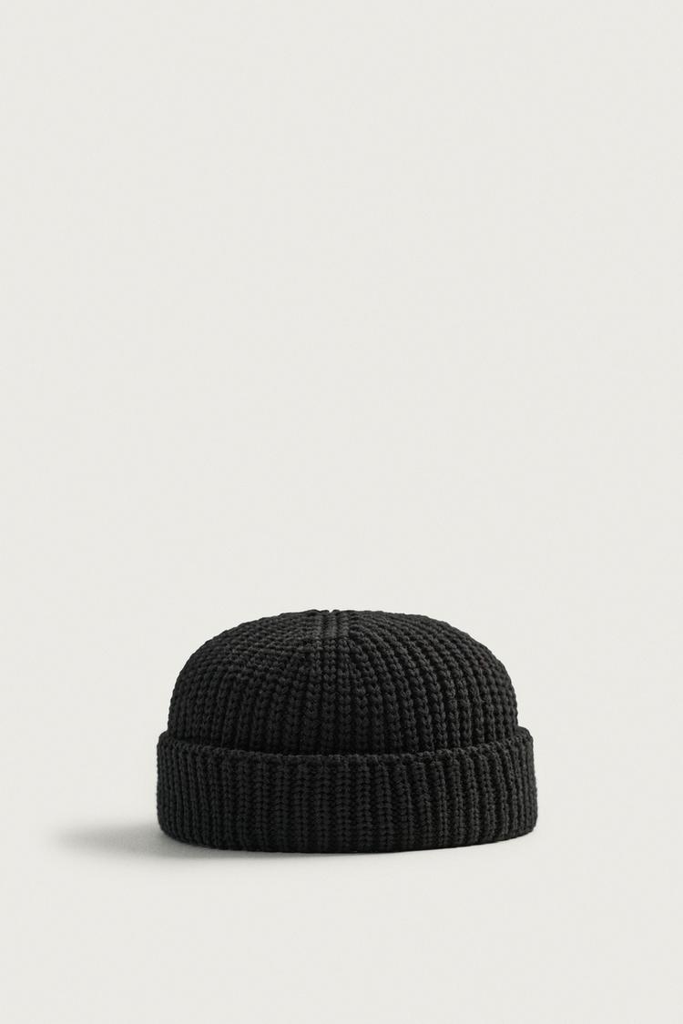 COTTON BLEND KNIT BEANIE — Black