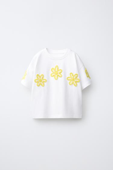 CAMISETA APLIQUE FLORES CROCHET - Blanco roto de Zara