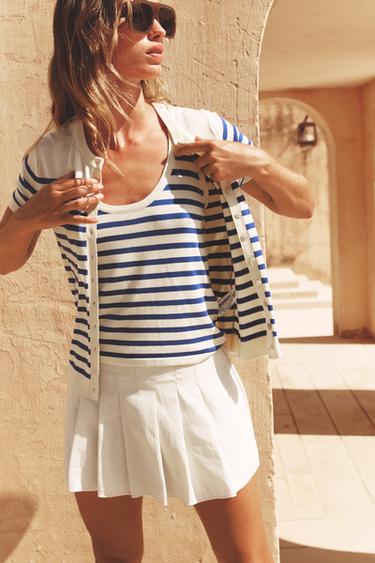 STRIPED KNIT SHORT SLEEVE CARDIGAN - Ecru / Blue by Zara