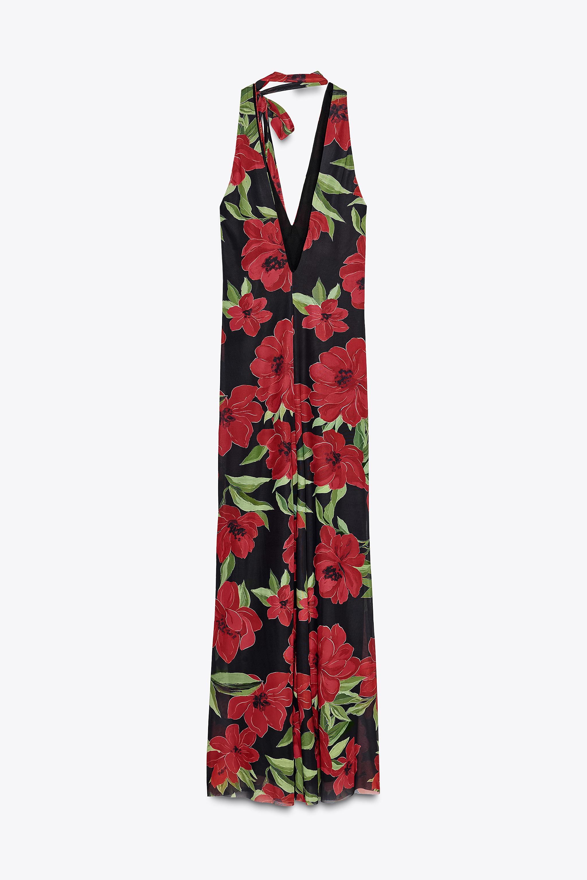 ZARA フォワードチュールプリント柄ワンピース 5039/136 フラワープリント入りチュールフリルワンピース - レッド