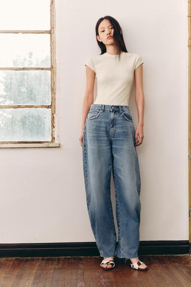 Zara 高腰 TRF BARREL 牛仔褲 - 藍色