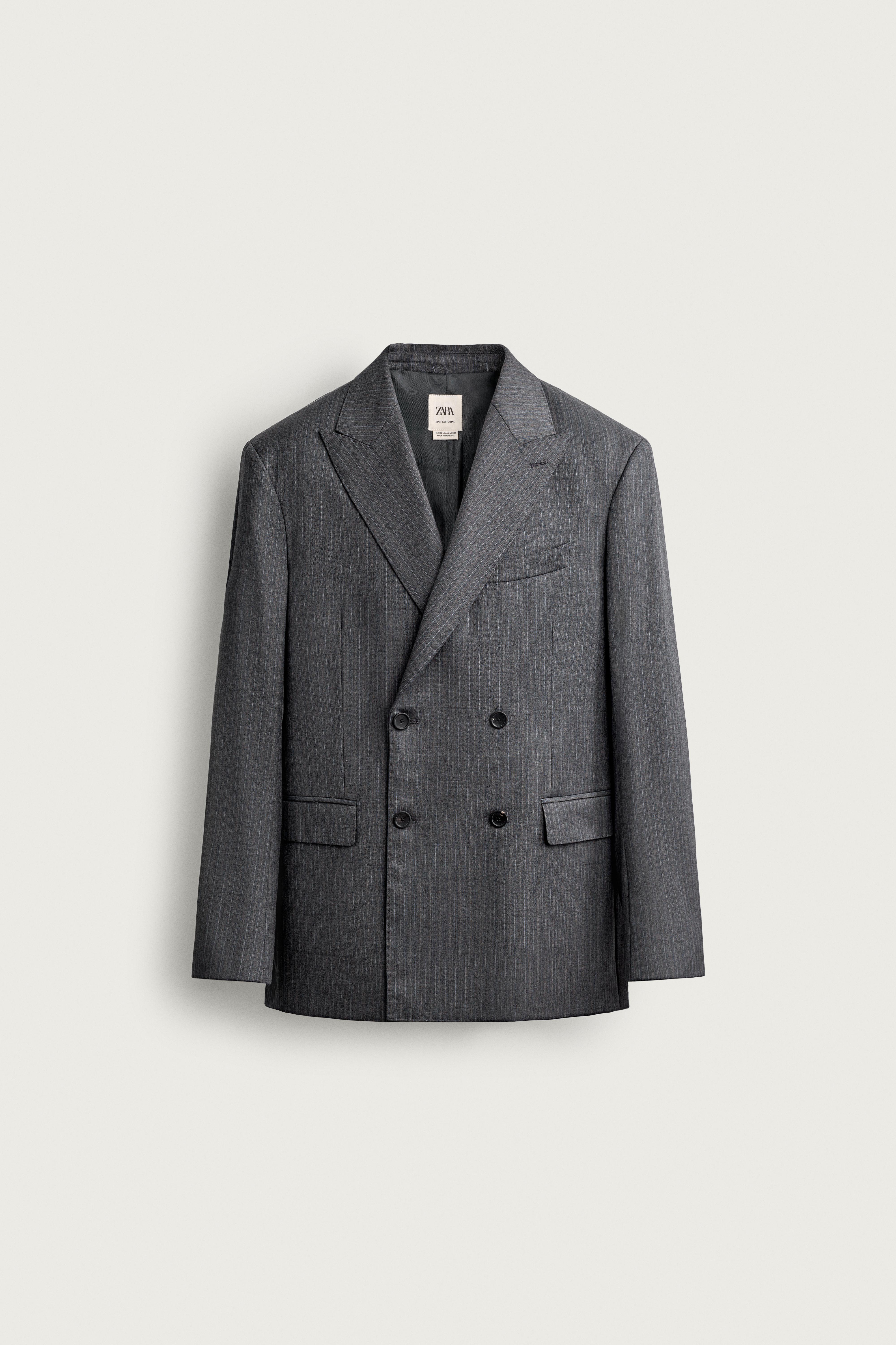 100% WOOL STRIPED SUIT BLAZER — Gray / Blue