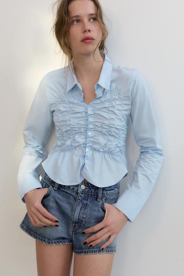 CAMISA POPELÍN FRUNCES ELÁSTICOS - Celeste de Zara