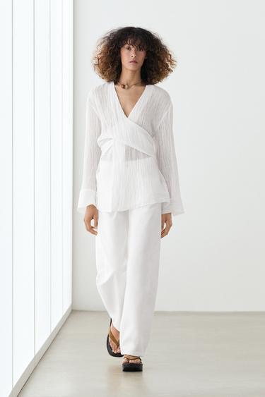 Zara Linen blend blouse with sash belt - White - Image 0