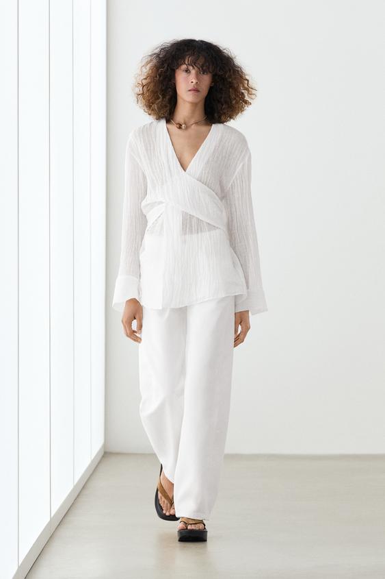 Linen blend blouse with sash belt from Zara - $160