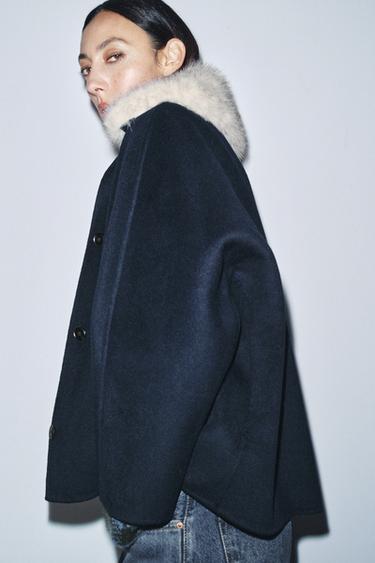 ÁO KHOÁC CỔ LÔNG NHÂN TẠO CÓ LEN ZW COLLECTION - Màu xanh nước biển từ Zara