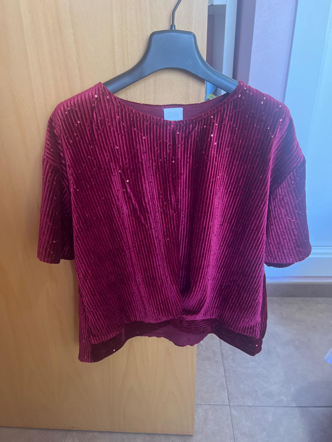 Front view of a red sequined blouse with a ribbed texture, short sleeves.