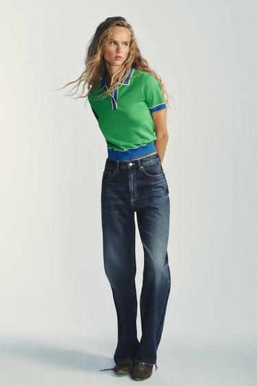 Zara CONTRAST KNIT SHORT SLEEVE POLO TOP - only one