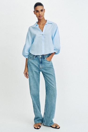 Zara LINEN BLEND PUFF SLEEVE SHIRT - Sky blue