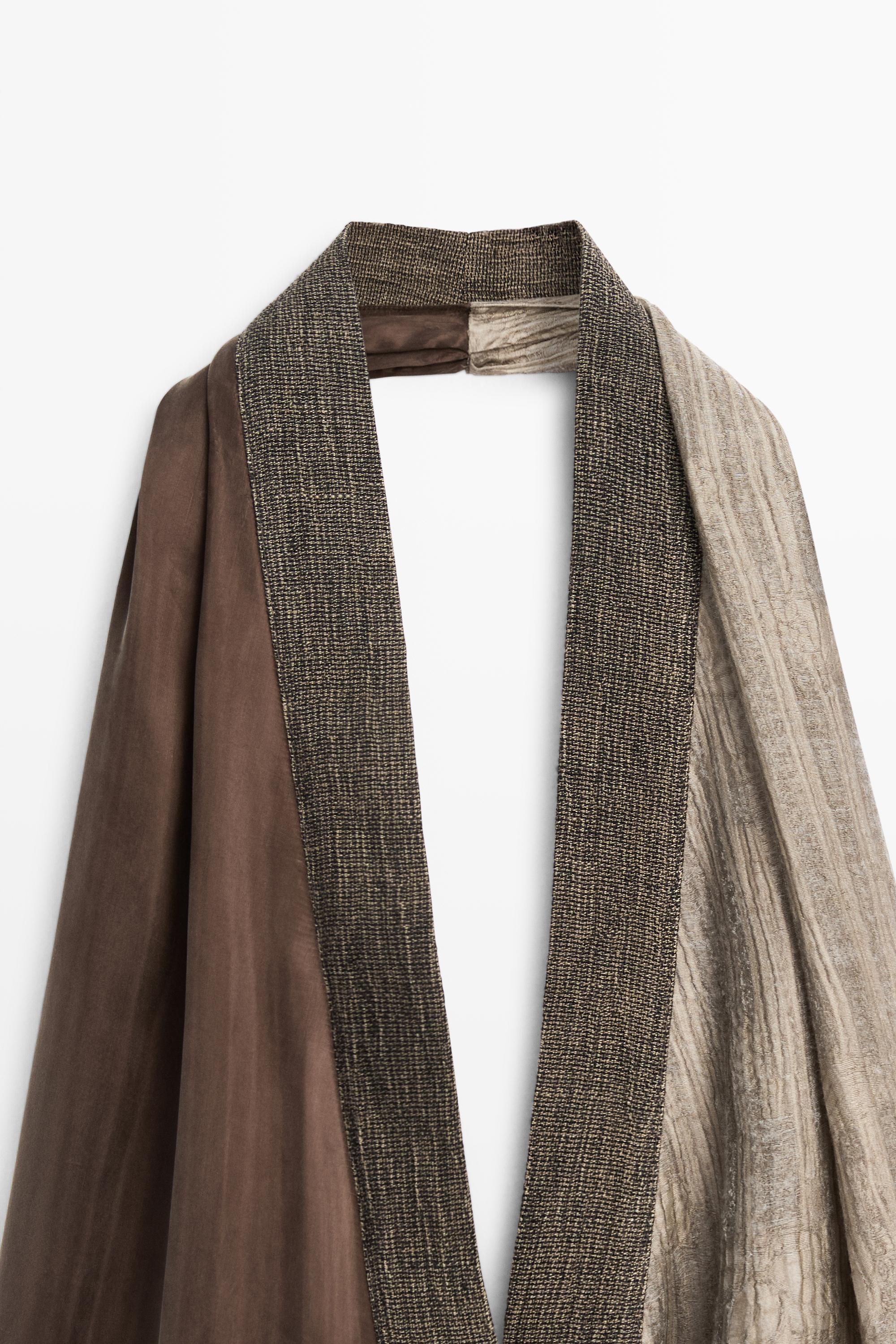 Flowing wrap top with mixed fabric detail