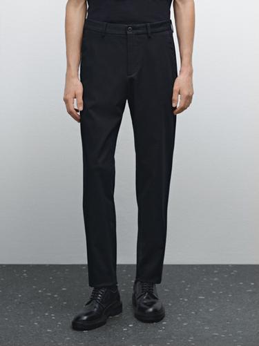Zara Cotton blend textured slim fit trousers - Navy blue