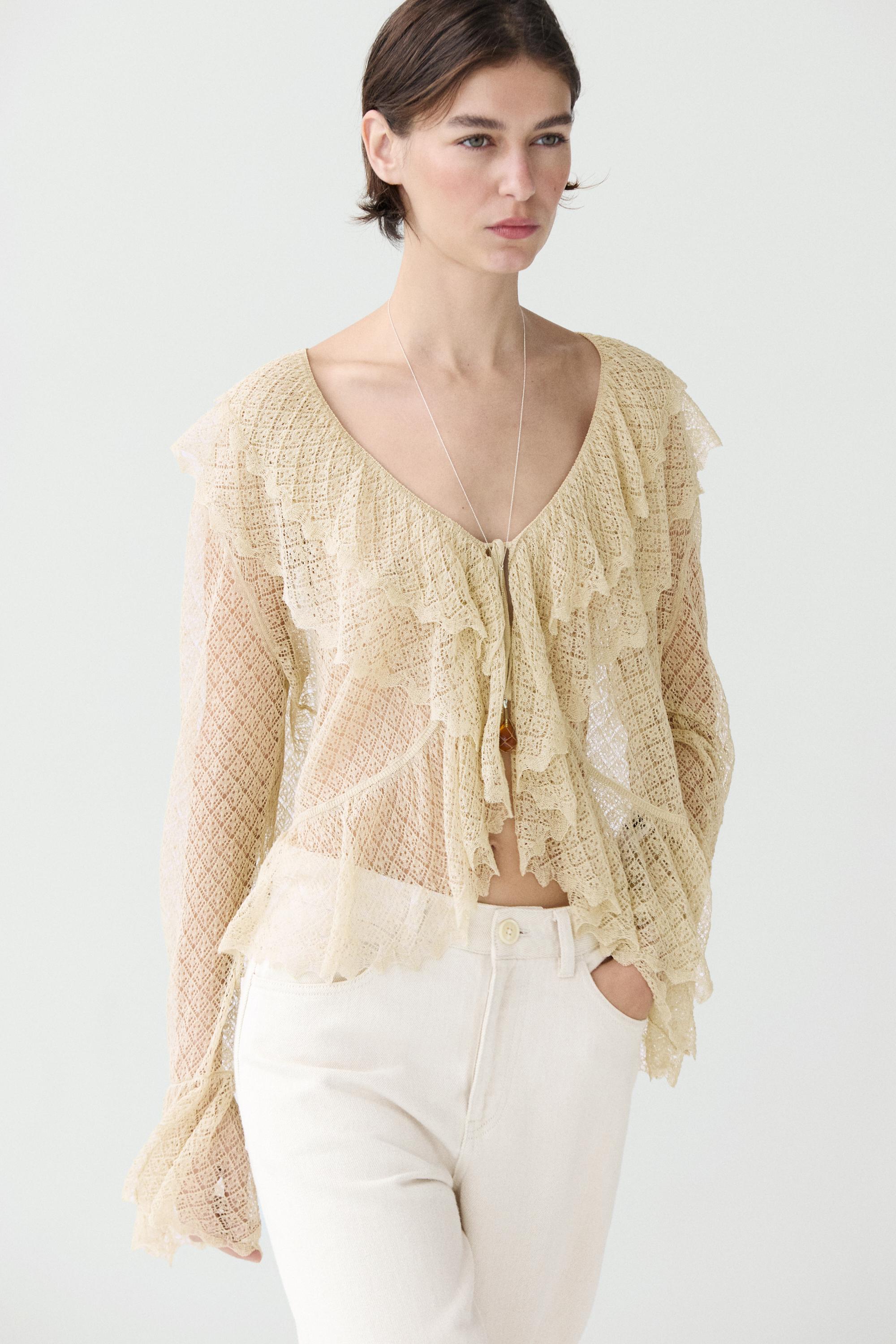 Linen blend cardigan with ruffle details