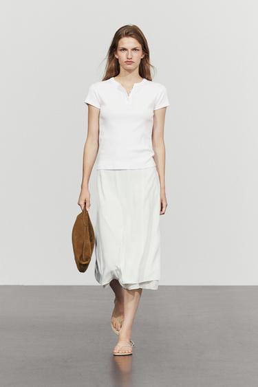 Zara 100% cotton short sleeve henley T-shirt - White - Image 0