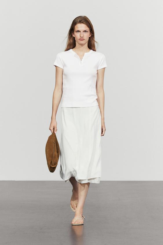 Zara 100% cotton short sleeve henley T-shirt - White - Image 0