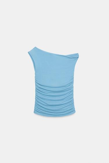 Zara 不對稱垂褶上衣 - 淡藍色