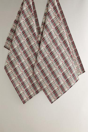 Zara PACK OF COTTON CHRISTMAS TEA TOWELS WITH HEARTS (PACK OF 2) - 紅色