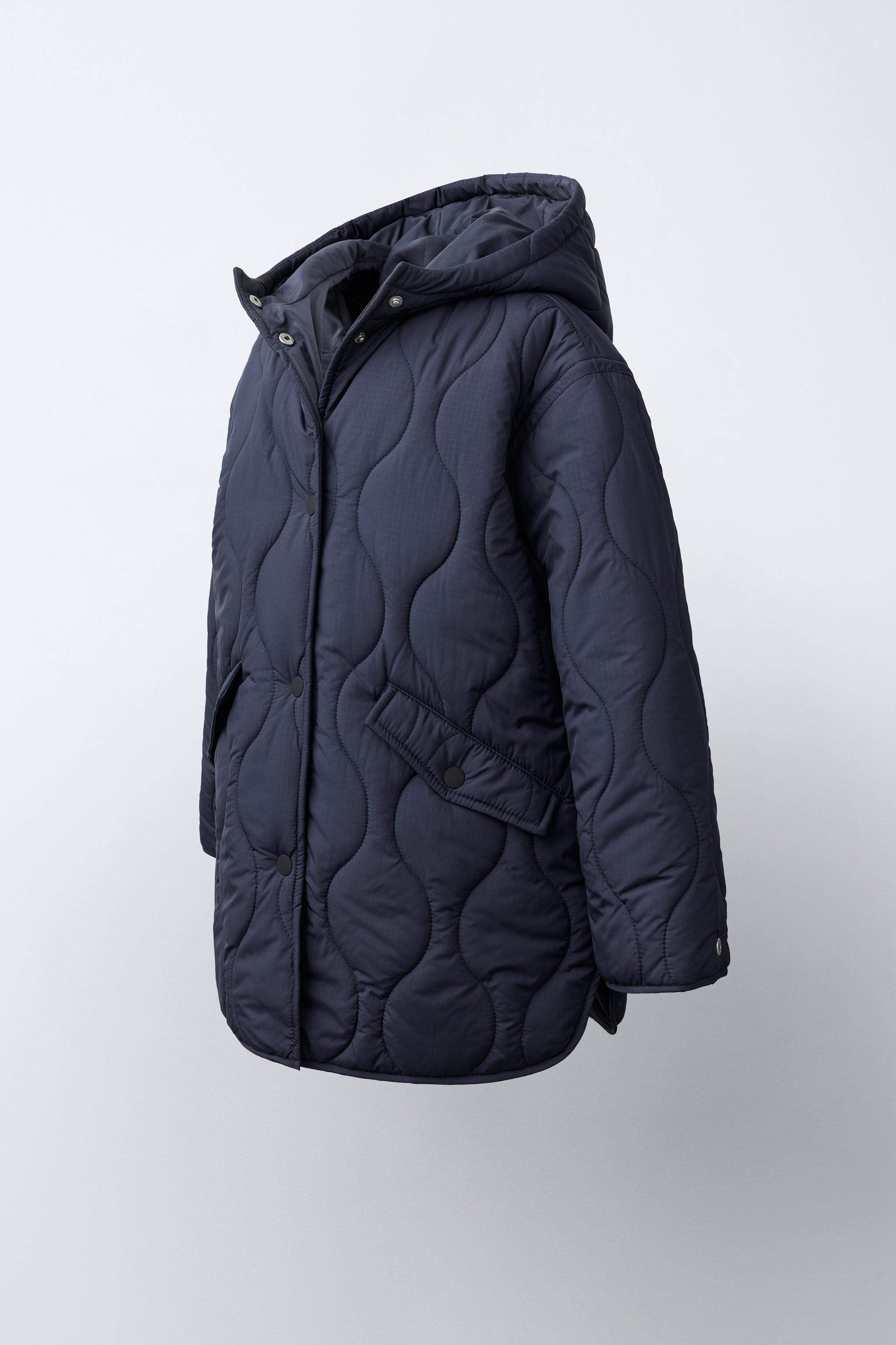 WATER-REPELLENT HOODED QUILTED JACKET — Dark navy