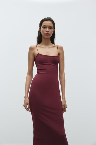 Zara 彈性中長版洋裝 - 暗紅色