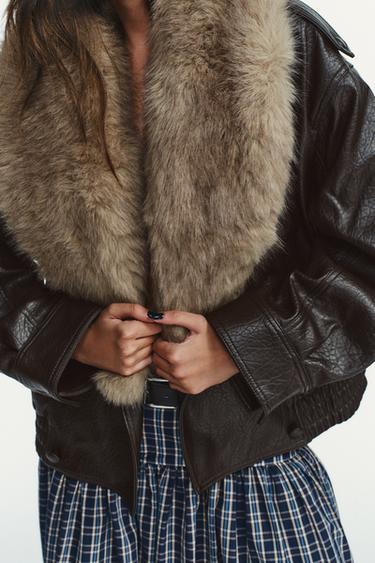 CAZADORA EFECTO PIEL CUELLO DESMONTABLE - Marrón oscuro de Zara