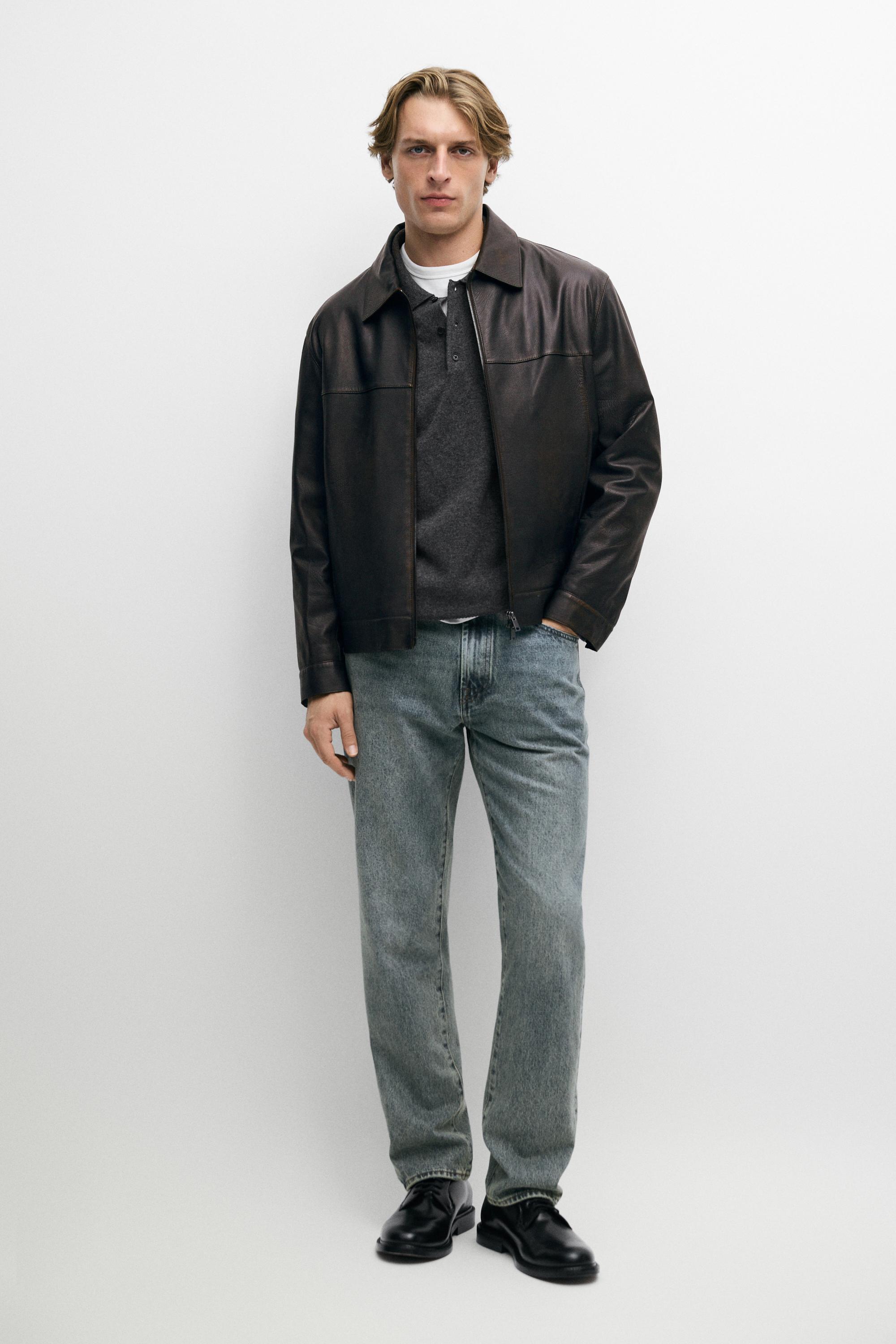 Blouson à col en cuir nappa