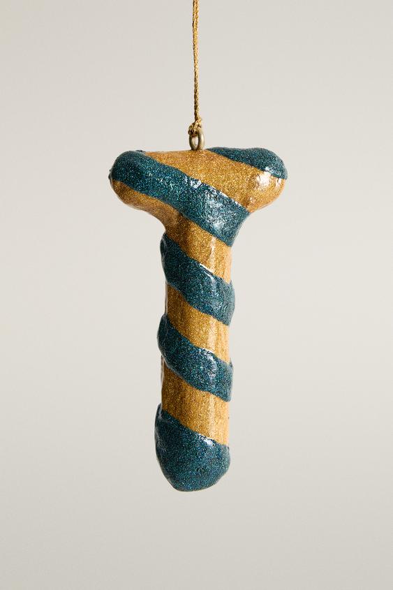 STRIPED T-LETTER CHRISTMAS TREE ORNAMENT - Blue by Zara - Image 0