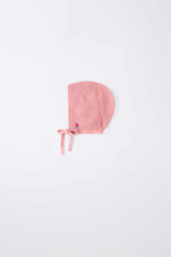 100% COTTON EMBROIDERED KNIT BONNET - Light pink by Zara - Image 0