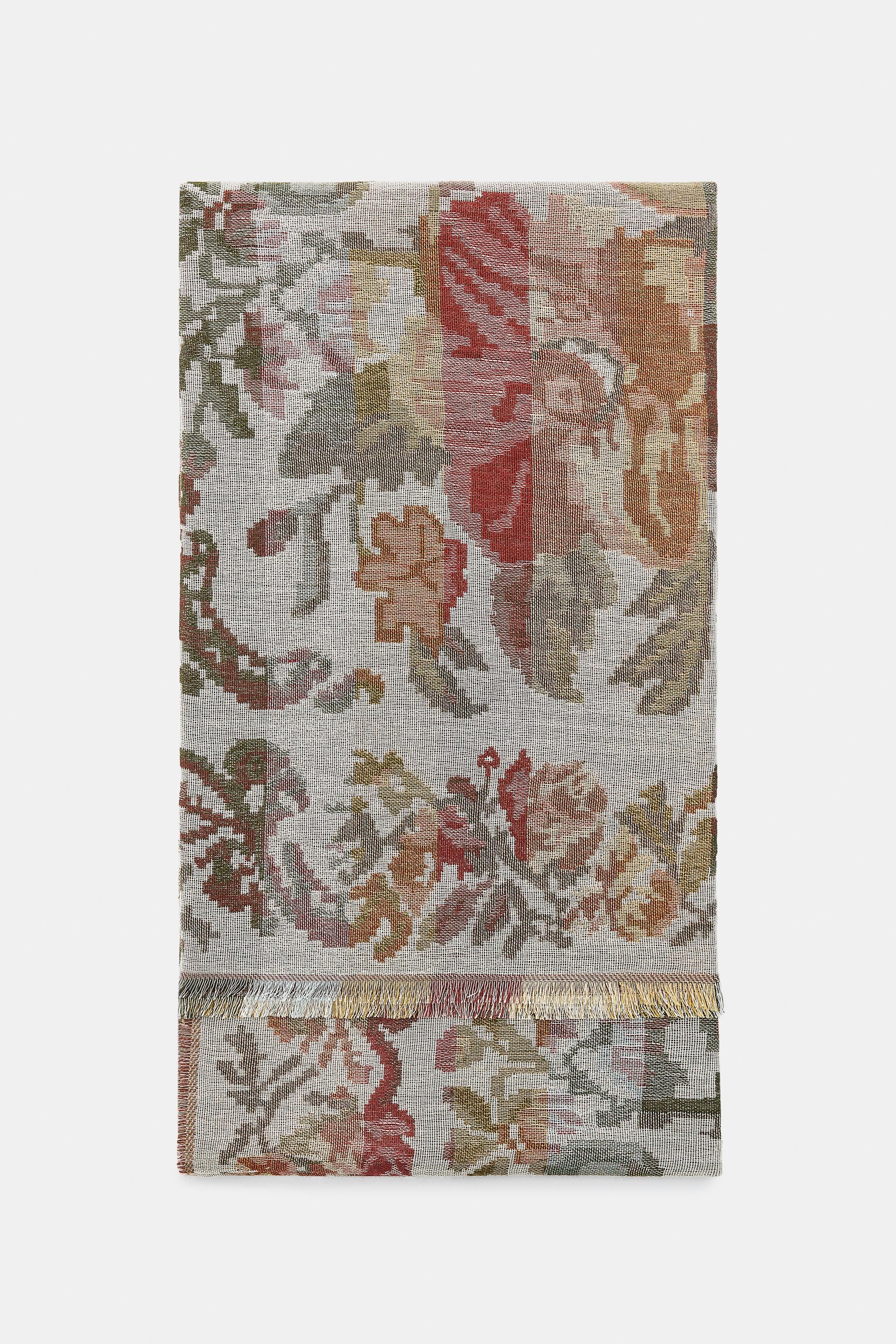 FLORAL PRINT JACQUARD WOOL BLEND SCARF