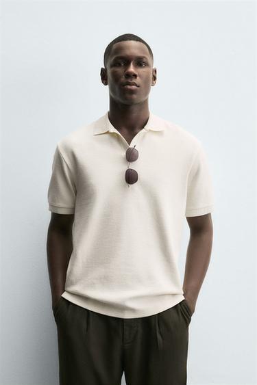 Zara TEXTURED REGULAR FIT POLO SHIRT - Oyster-white
