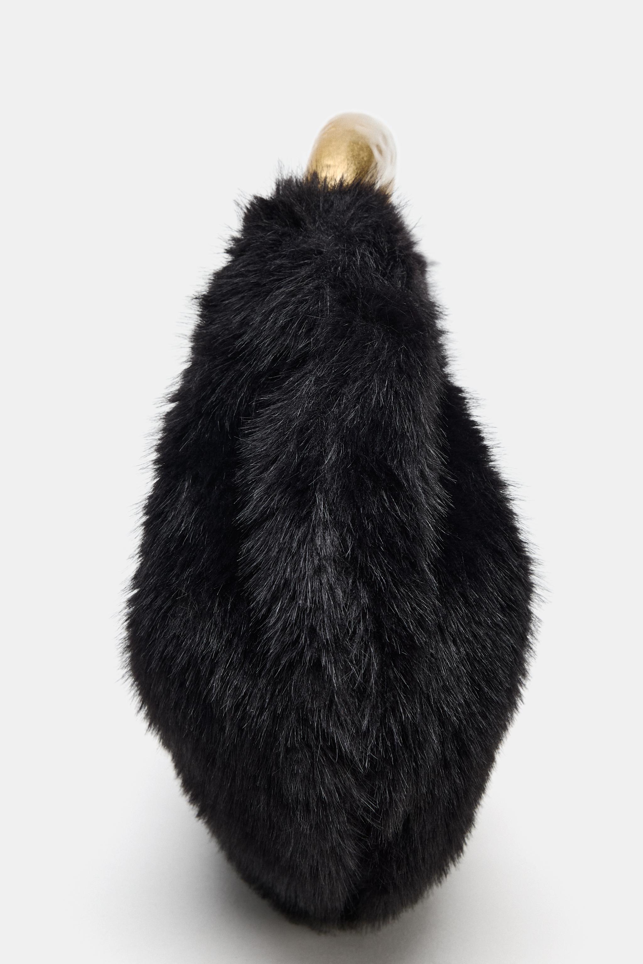 FAUX FUR HANDBAG WITH METAL HANDLE