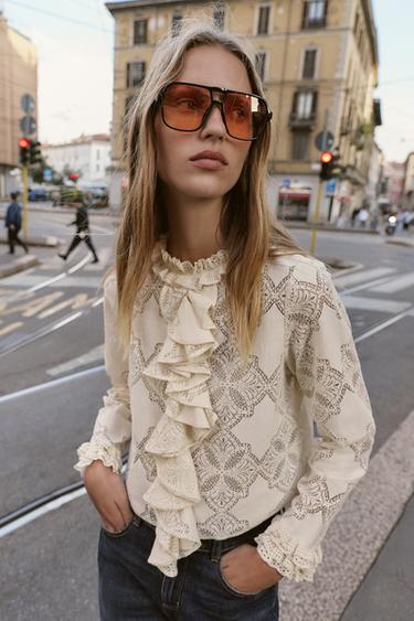 Zara RUFFLED ROMANTIC BLOUSE - Ecru