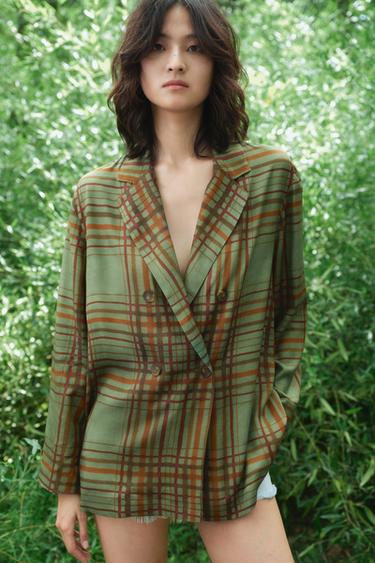 ZW COLLECTION FLOWY CHECK BLAZER - Green by Zara
