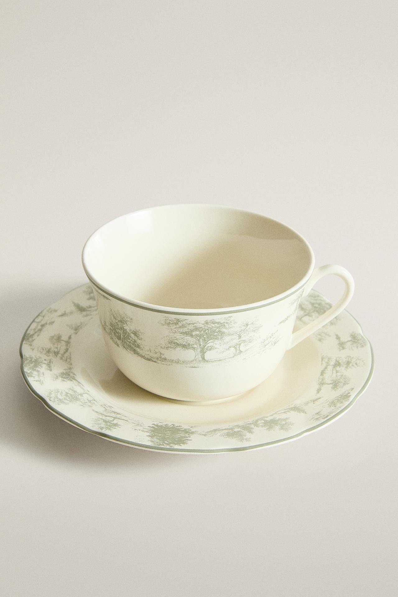 TOILE PORCELAIN TEACUP AND SAUCER — Gray