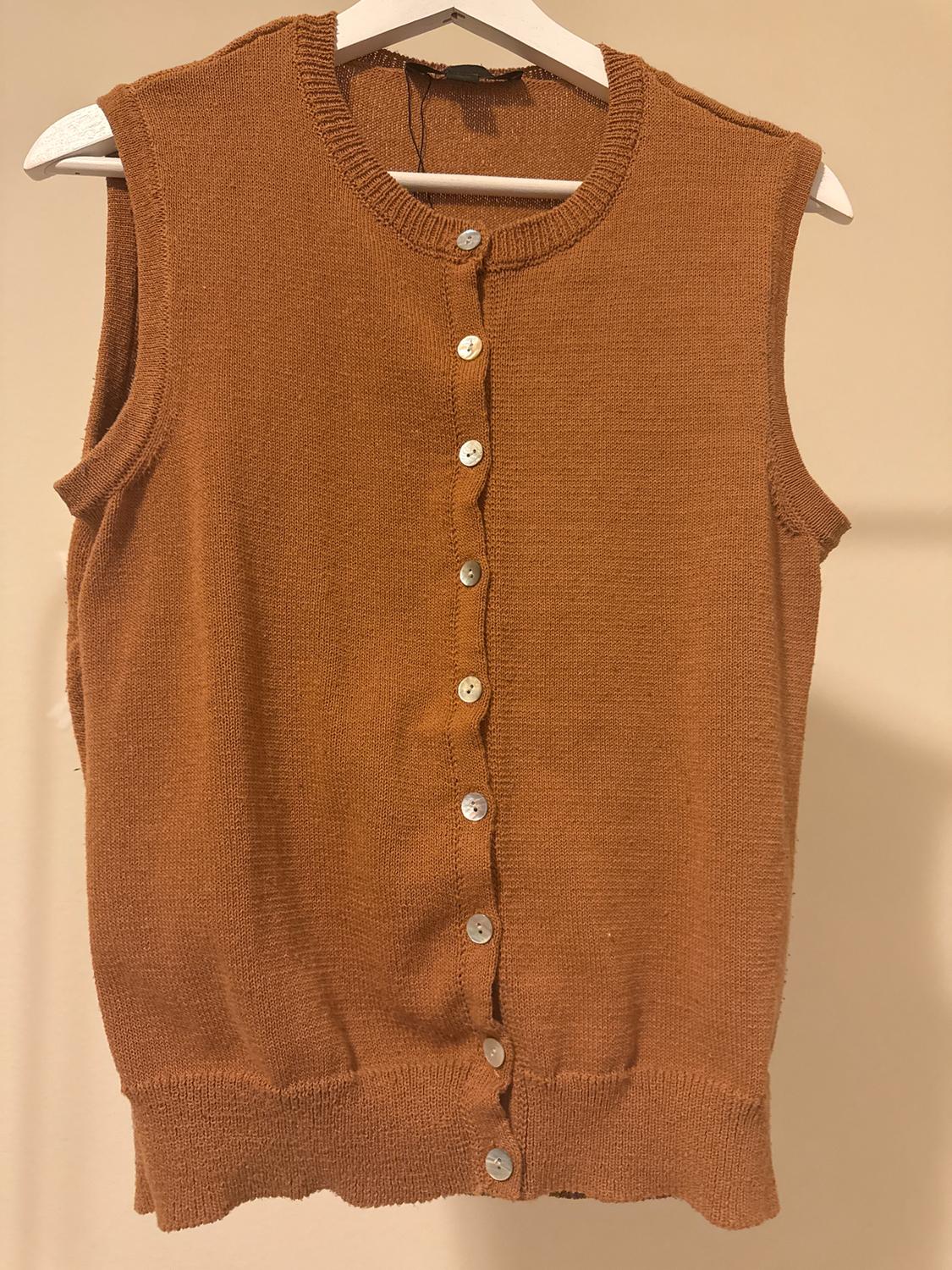 Brown sleeveless waistcoat with white buttons, hanging on a white hanger against a beige background.