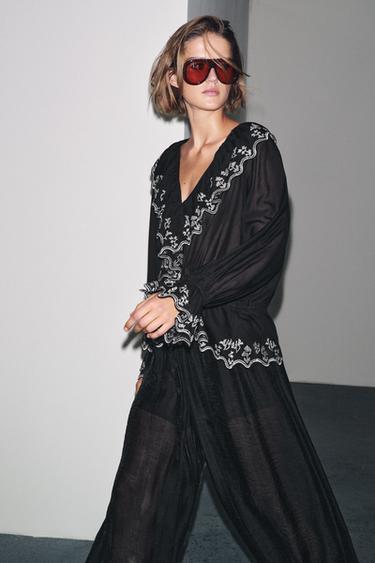ZW COLLECTION EMBROIDERED RUFFLE BLOUSE - Black by Zara - Image 3