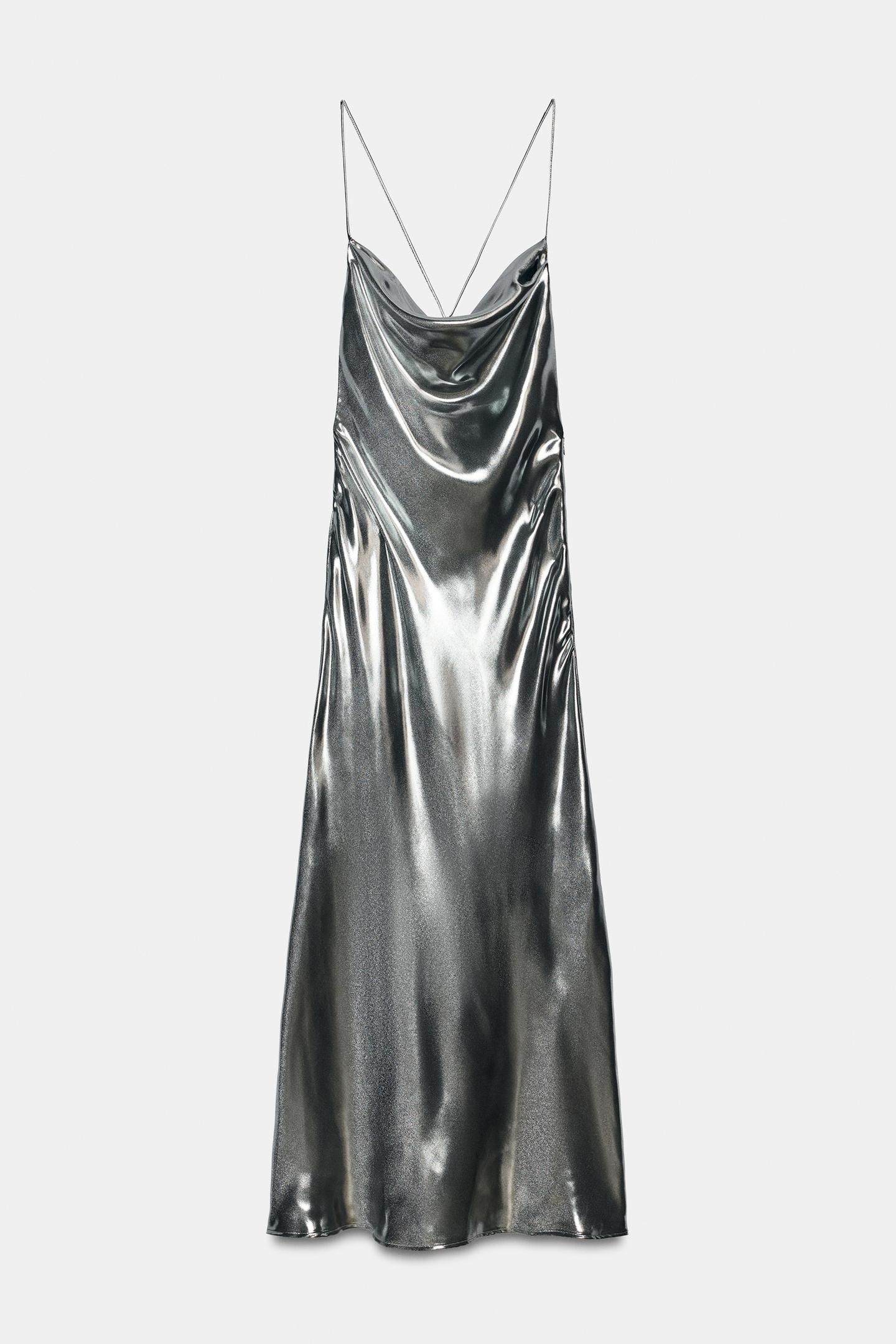 Женское платье Zara Draped Metallic-Effect Strappy, цвет: Серебряный — фото 7