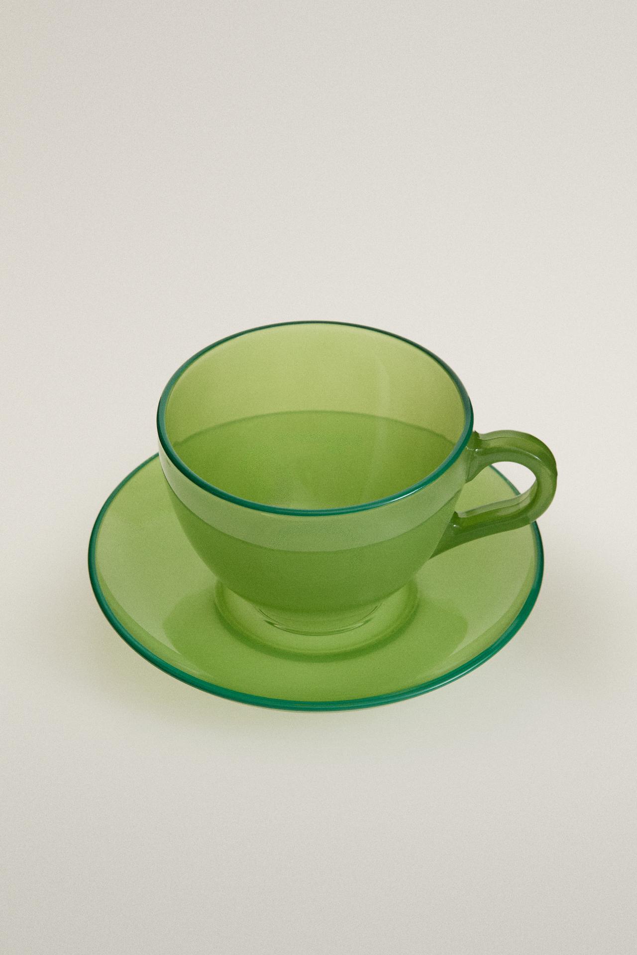 GLASS COFFEE CUP AND SAUCER — Green