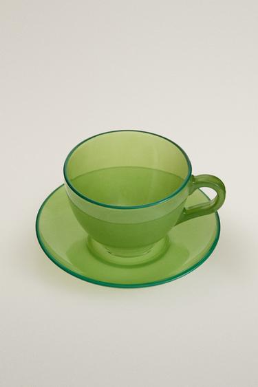 GLASS COFFEE CUP AND SAUCER — Green 2