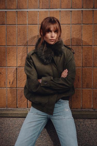 REMOVABLE COLLAR FAUX SUEDE JACKET - Khaki by Zara