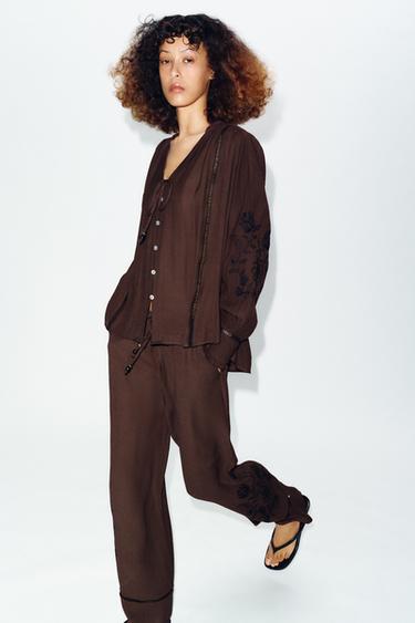 PANTALON LARGE BRODERIES ET ENTRE-DEUX - Marron de Zara - Image 3