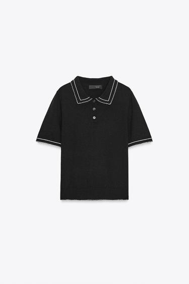 TOP POLO POINT SURPIQÛRES CONTRASTE - Noir de Zara - Image 4