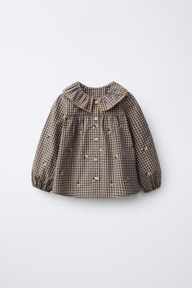 GINGHAM SHIRT WITH EMBROIDERED FLOWERS - Grey by Zara