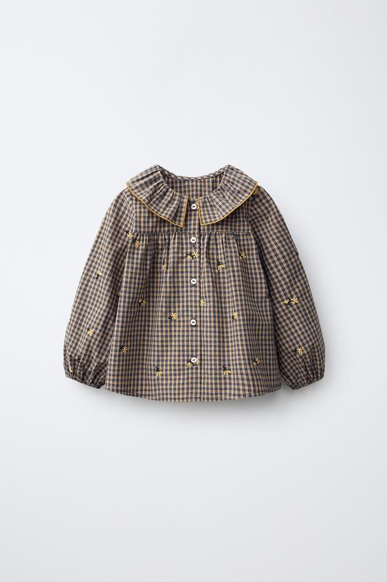 CHEMISE CARREAUX VICHY FLEURS BRODÉES - Gris de Zara - Image 0