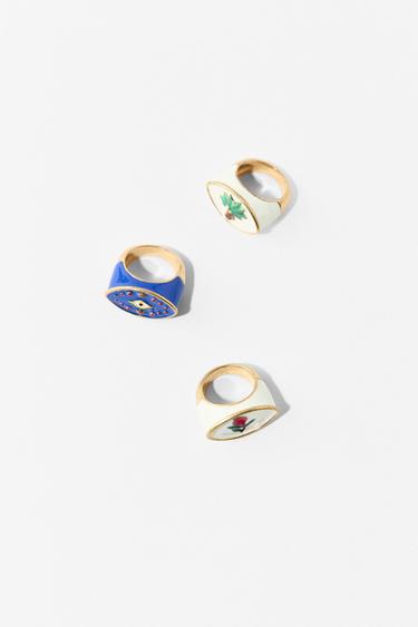 PACK OF 3 PALM TREE FLOWER RINGS - Golden by Zara