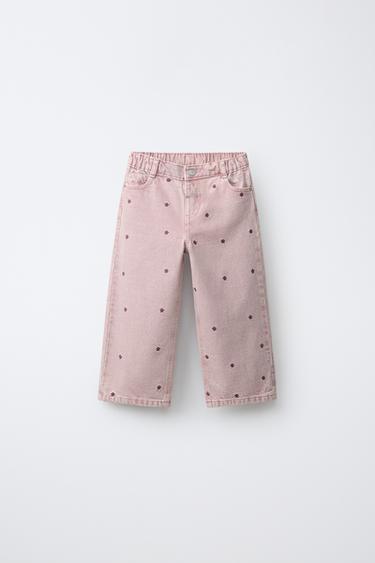 PANTALÓN SARGA WIDE LEG BORDADO ESTRELLAS - Rosa de Zara - Imagen 0