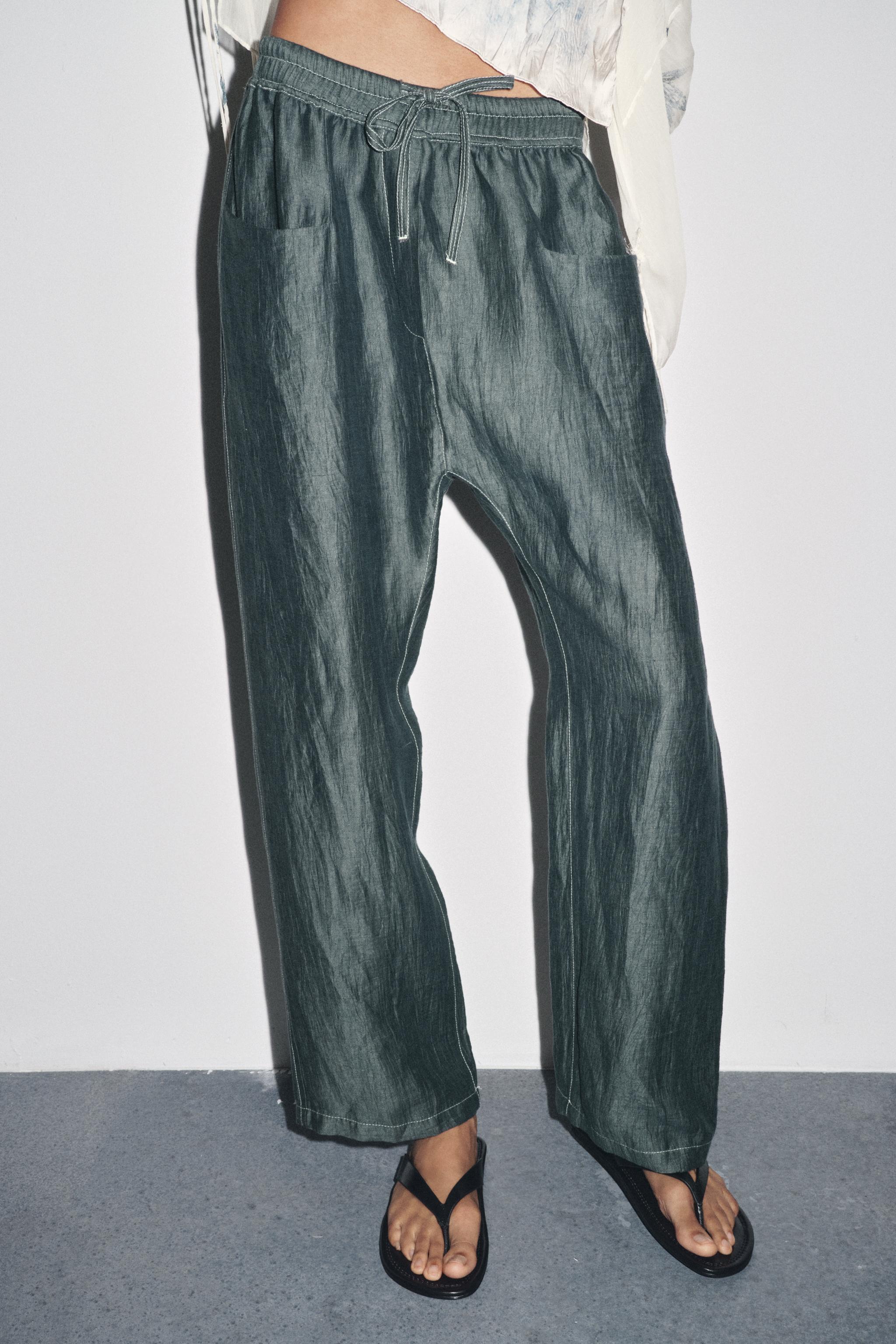 パンツ RY/LI SHEETING CLOTH GATHERED PANTS Frayed Hem Striped Linen Crop Pants - Coldwater Creek