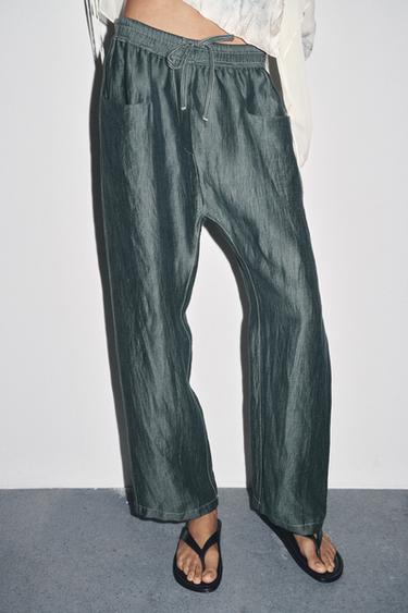 Zara LINEN PANTS WITH CONTRAST STITCHING - Green / Blue - Image 0