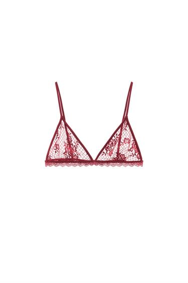 LACE TRIANGLE BRA - Burgundy by Zara